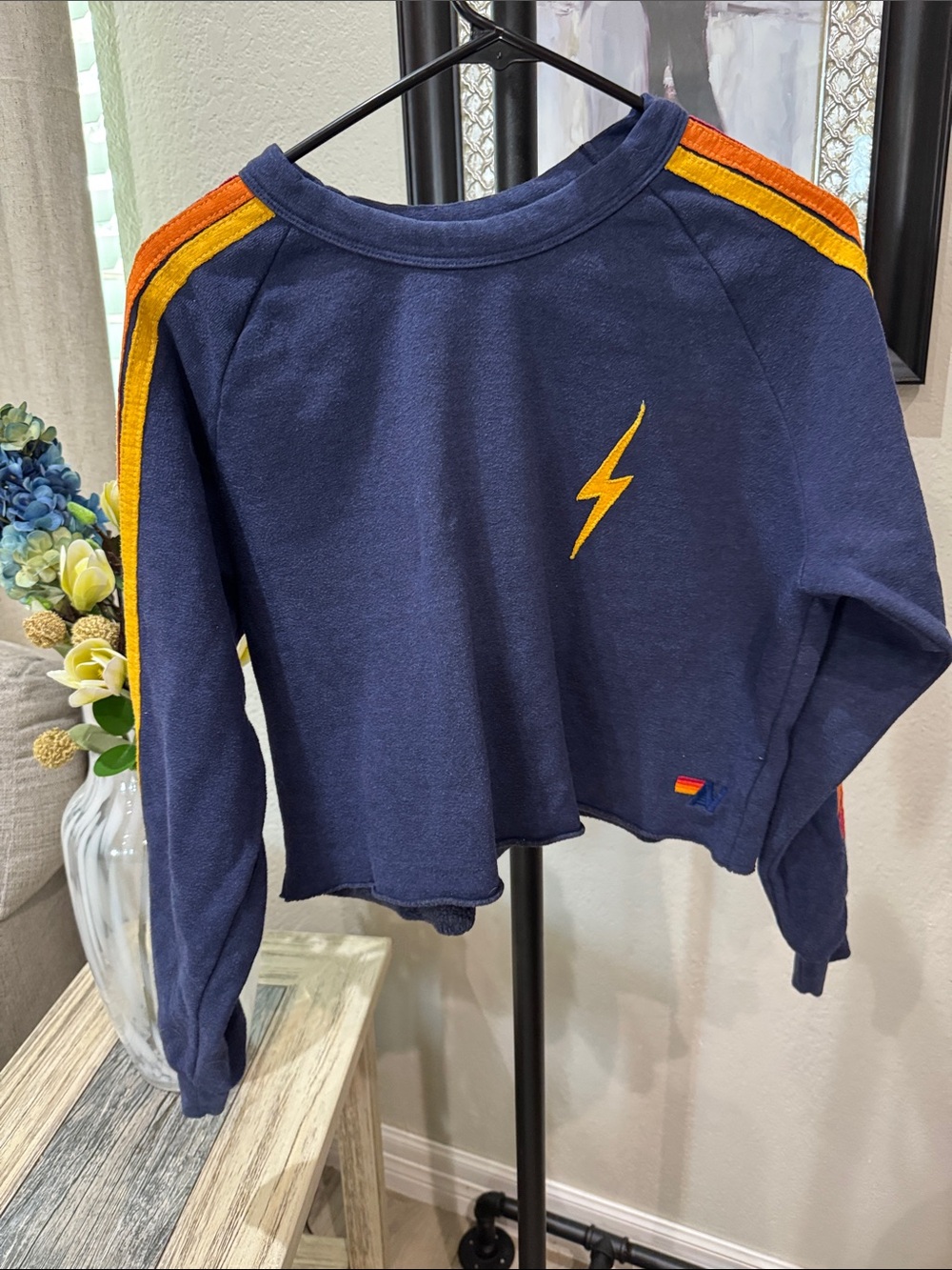 Aviator Nation Navy Sweatshirt crop Yellow Lightning & Orange Stripe